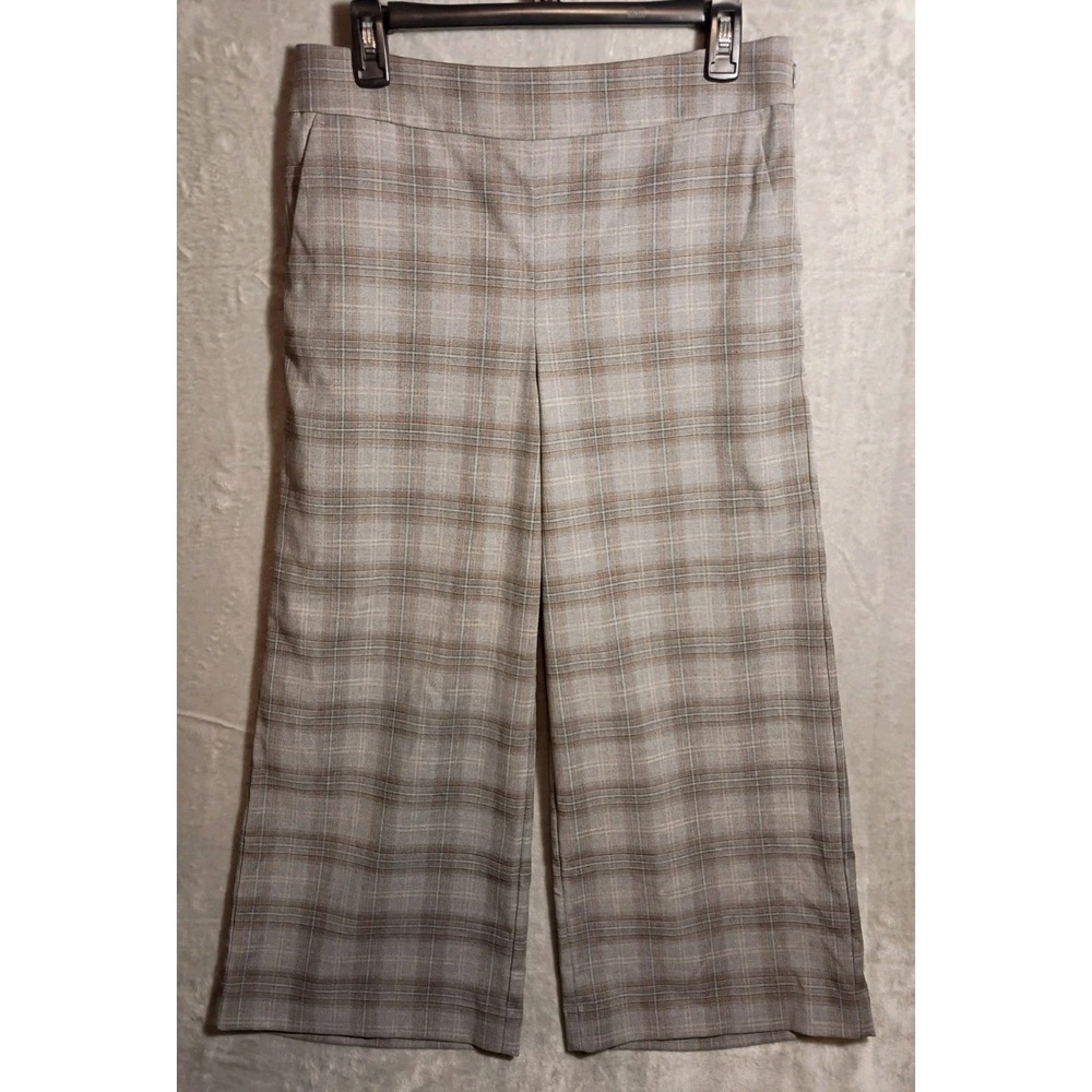 LOFT Gray/Brown Plaid Crop Trouser/Culotte Pants Flat Front Pockets Wide Leg